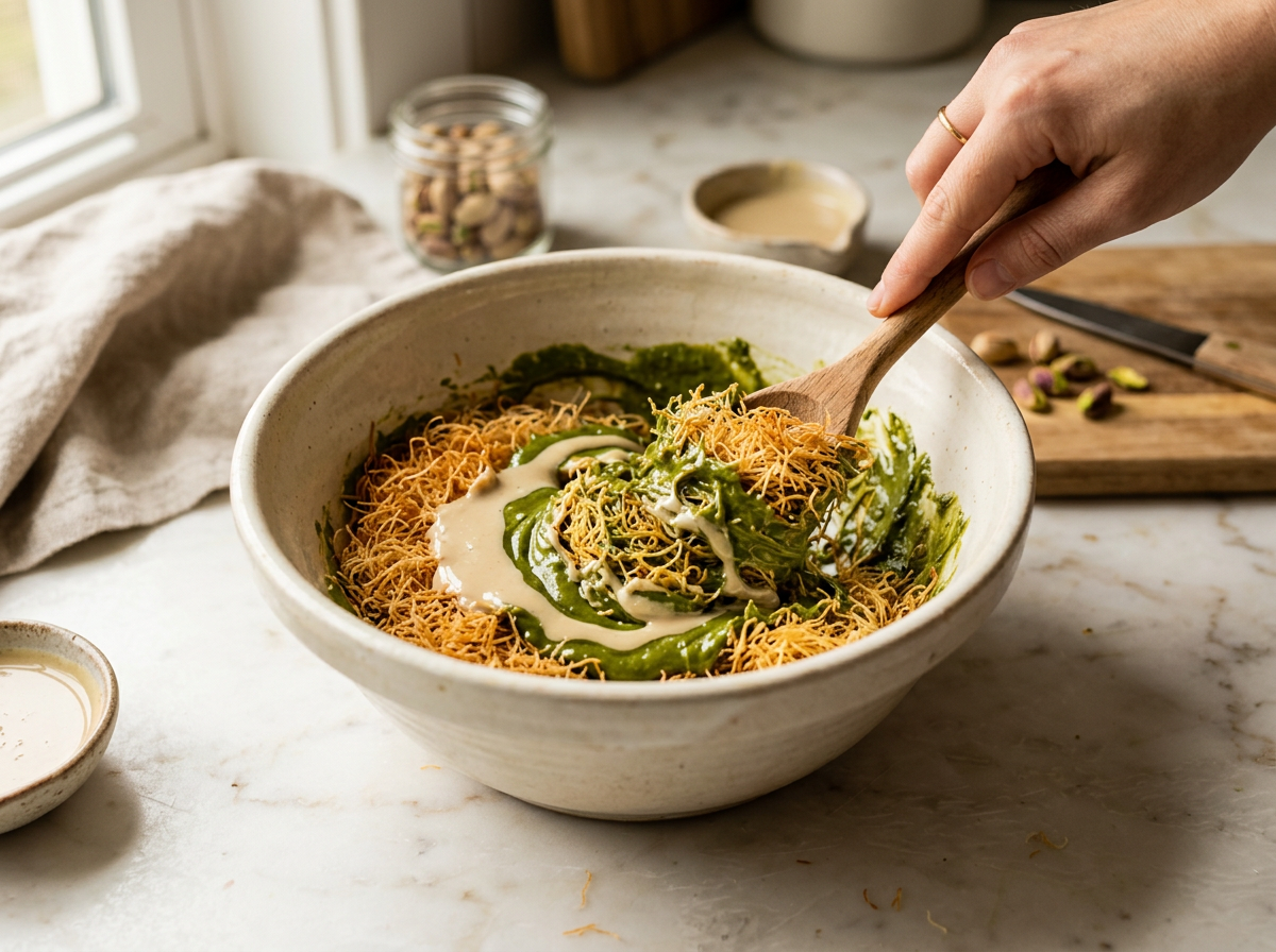 Knusprig geröstetes Kadaifi Engelshaar vermengt mit samtiger Pistaziencreme und Tahini