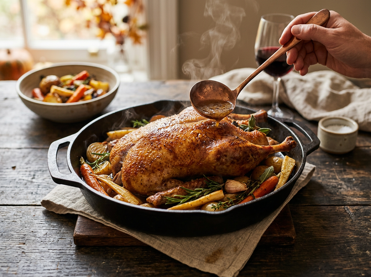 Knusprige Gans im Bräter wird während des Bratens im Ofen mit Bratensaft begossen