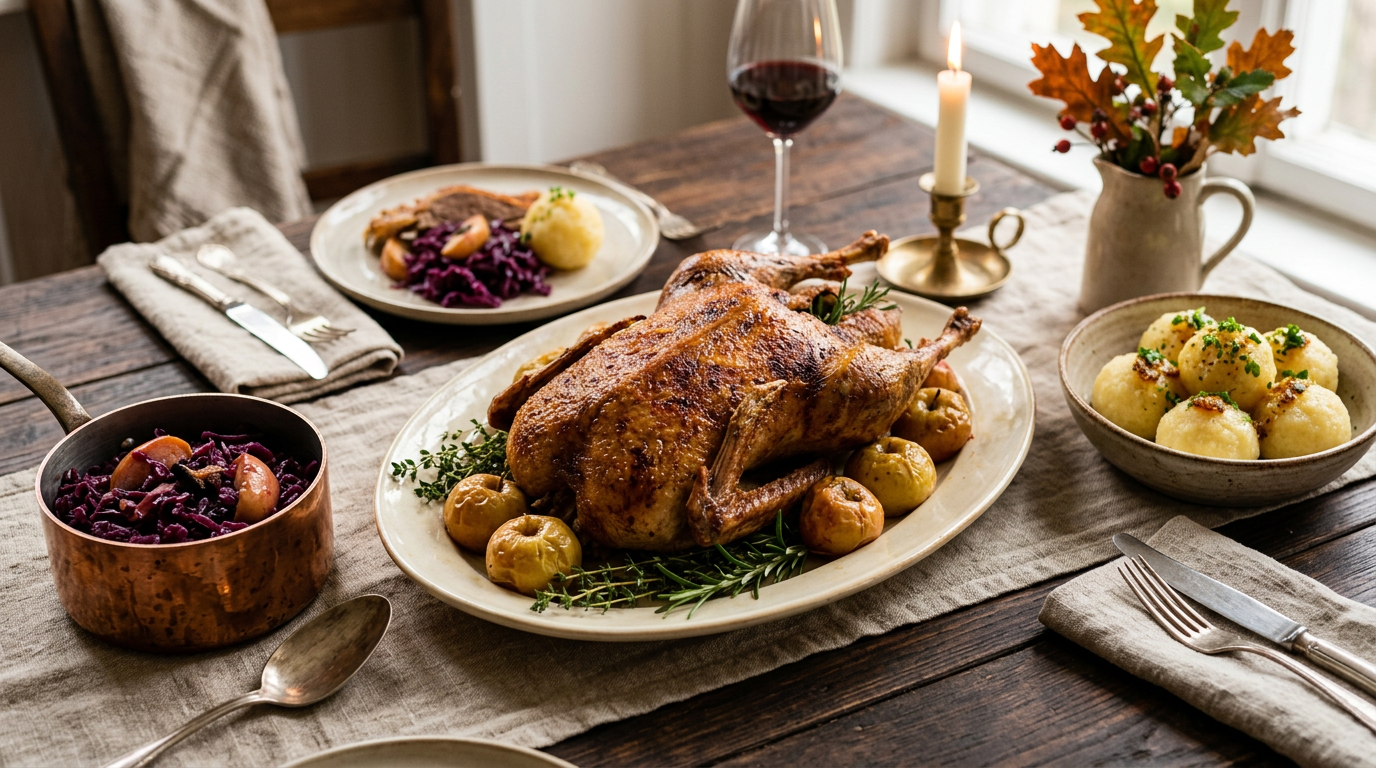 Klassisch gebratene Martinsgans mit Klößen und Rotkohl auf einer herbstlichen Festtafel