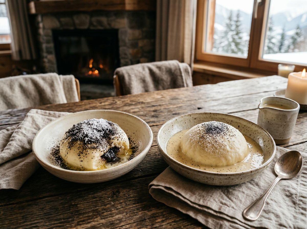 Germknödel garniert mit zerlassener Butter, Mohn-Puderzucker und Bourbon-Vanillesoße
