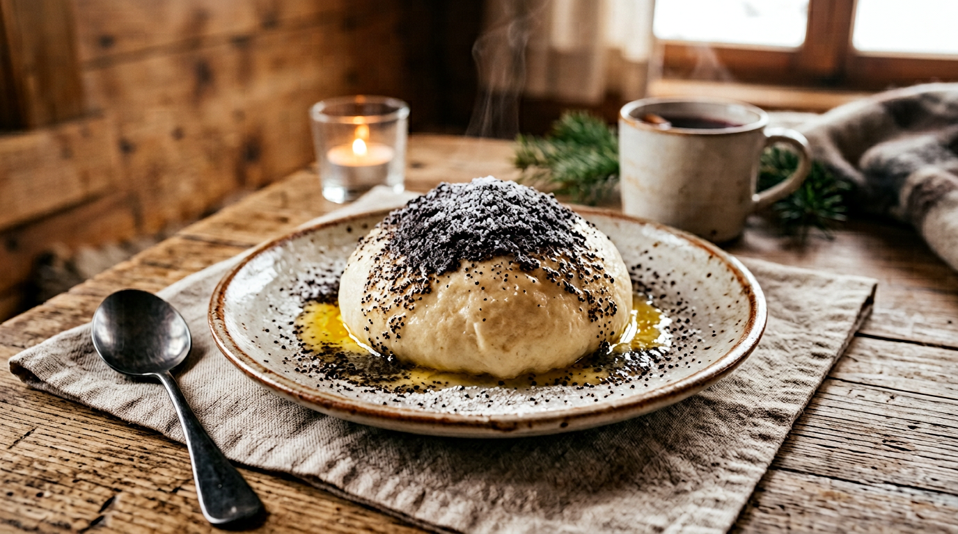 Fluffiger traditioneller Germknödel mit feinem Mohn-Puderzucker-Topping und zerlassener Butter