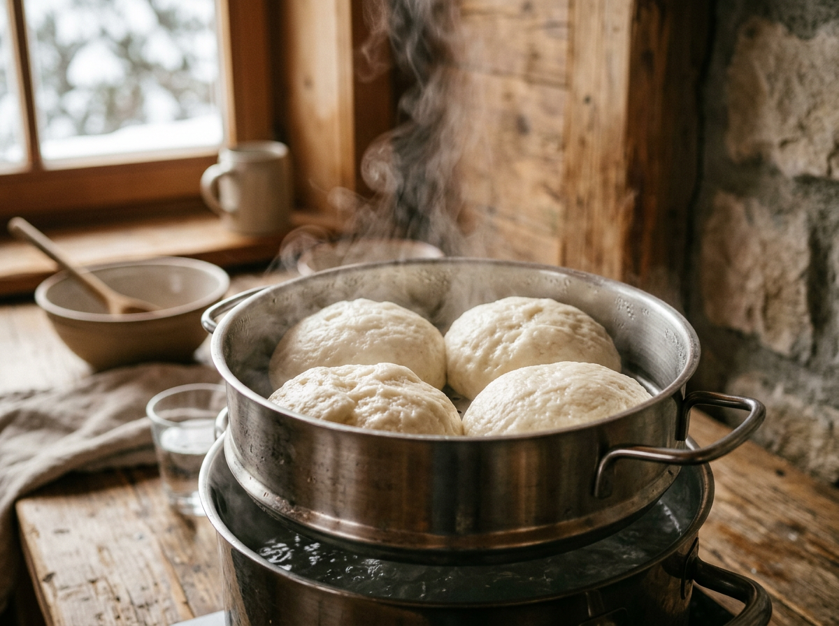 Germknödel gehen im Dämpfeinsatz unter sanftem Wasserdampf zu praller Größe auf