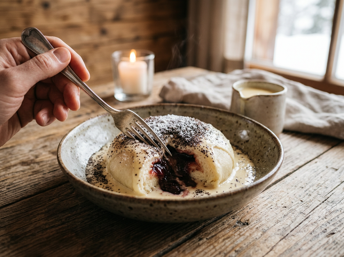 Aufgeschnittener dampfender Germknödel mit saftigem fließendem Pflaumenmuskern