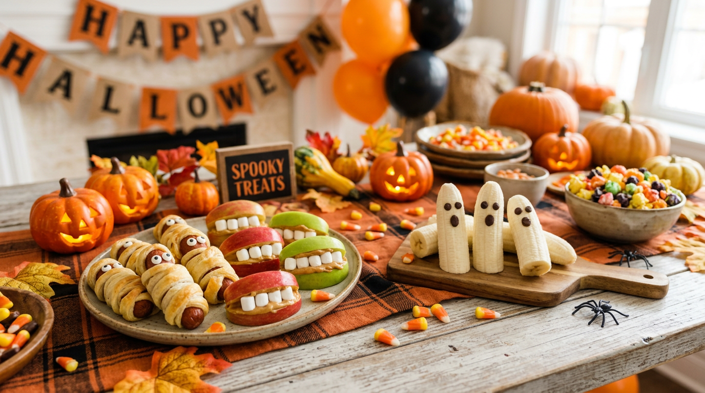 Buntes Buffet mit gruseligen Halloween Snacks für Kinder auf einem herbstlichen Partytisch
