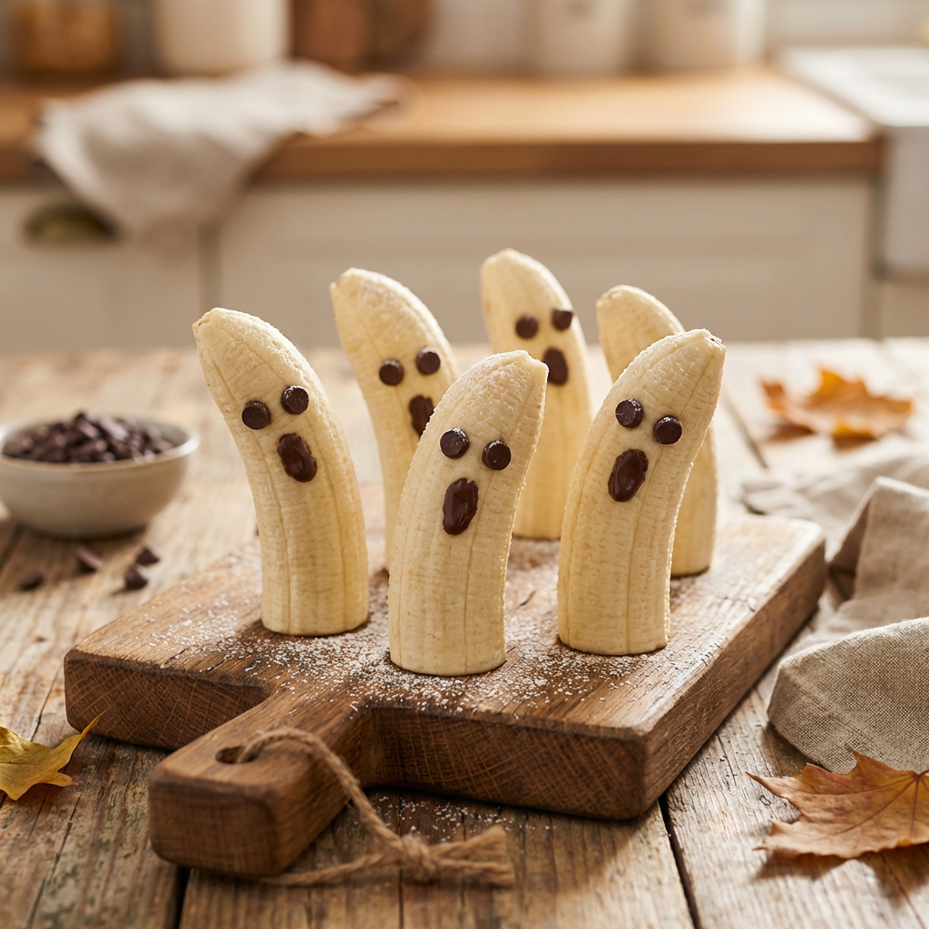 Süße Bananengeister mit Augen und Mund aus dunkler Schokolade