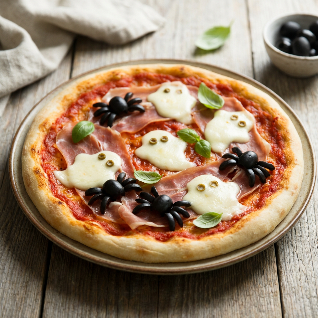 Knusprige Halloween Pizza belegt mit kleinen Mozzarella-Gespenstern und Spinnen aus schwarzen Oliven