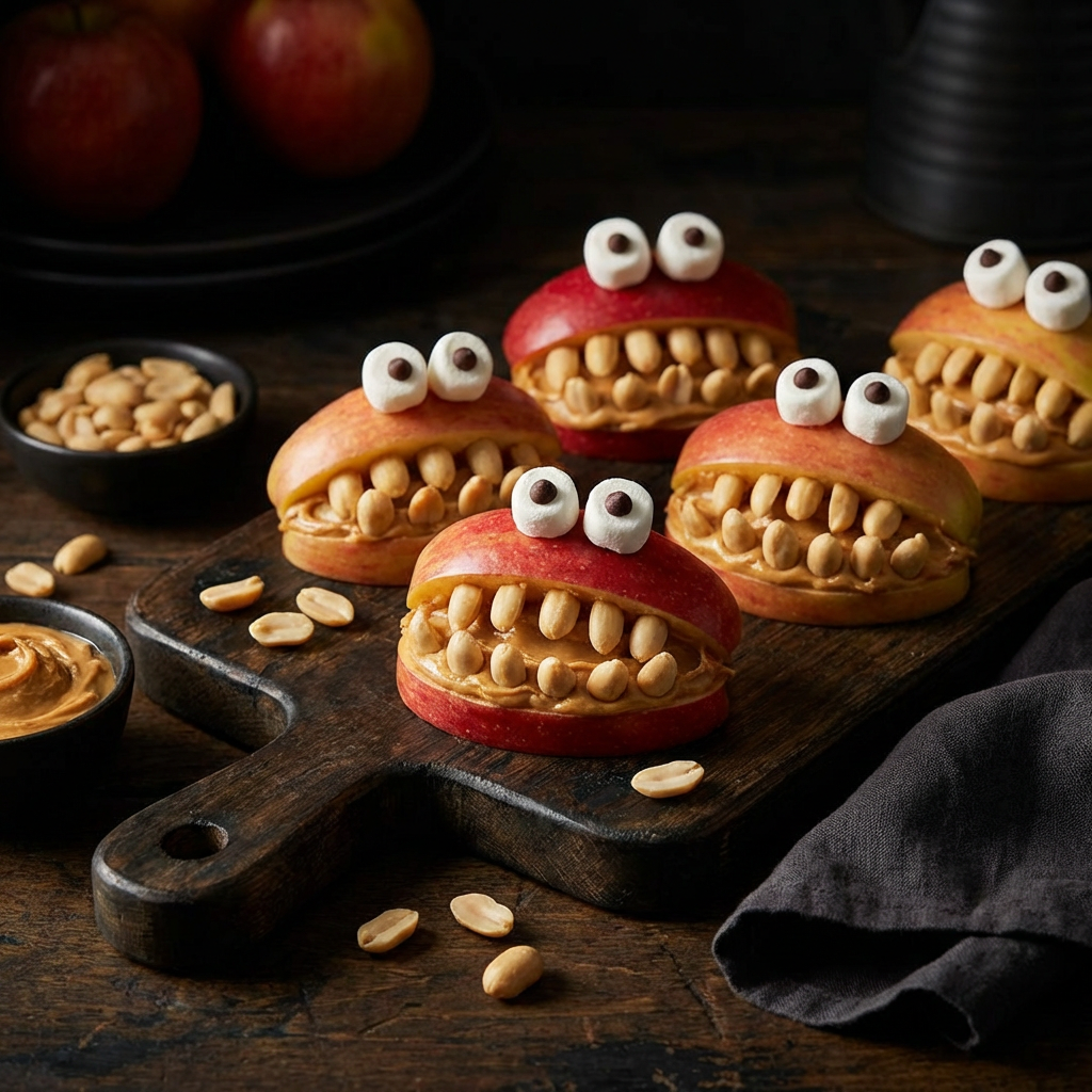 Apfel-Monster mit Erdnussbutter und Sonnenblumenkern-Zähnen