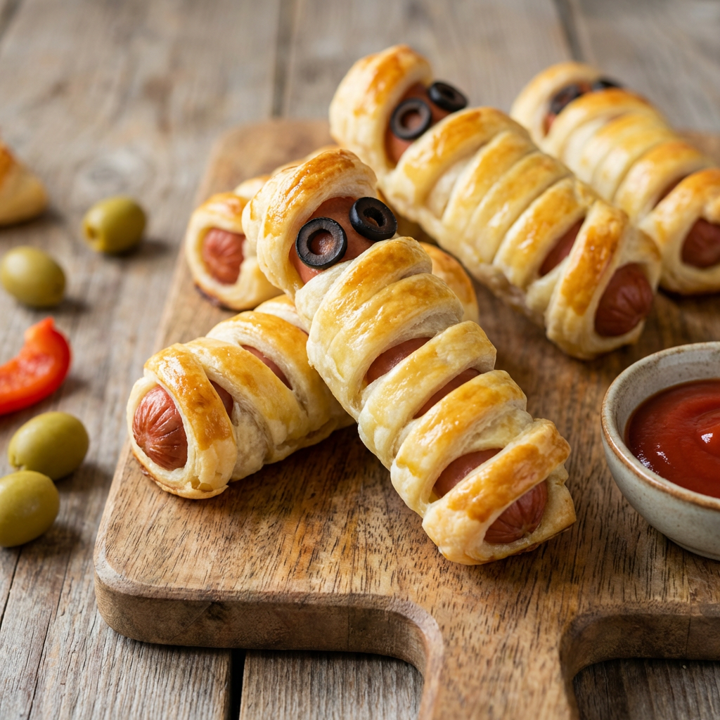 Ofenfrische Blätterteig-Mumien aus Wiener Würstchen auf einem Holzbrett mit Dips