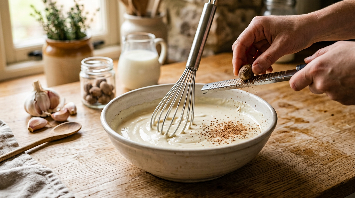 Zubereitung des cremigen Sahnegusses mit Schneebesen, Knoblauch und frisch geriebener Muskatnuss