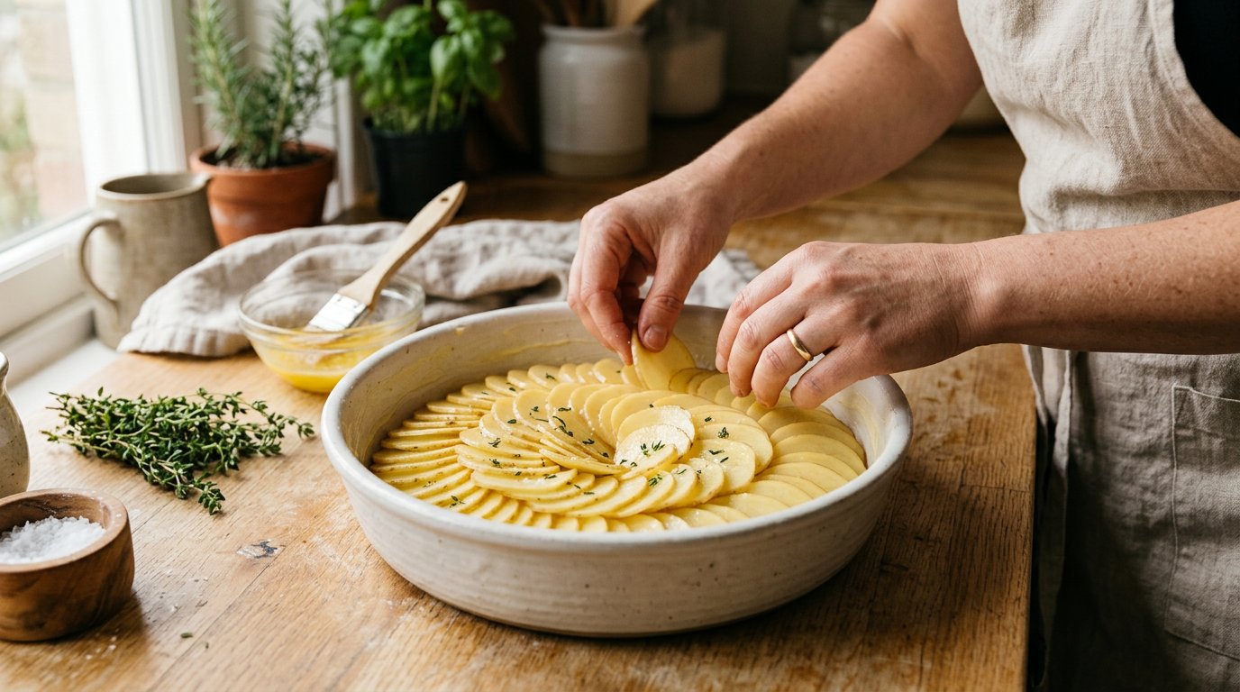 Elegantes Schichten von feinen Kartoffelscheiben im Dachziegelmuster in einer gebutterten Auflaufform