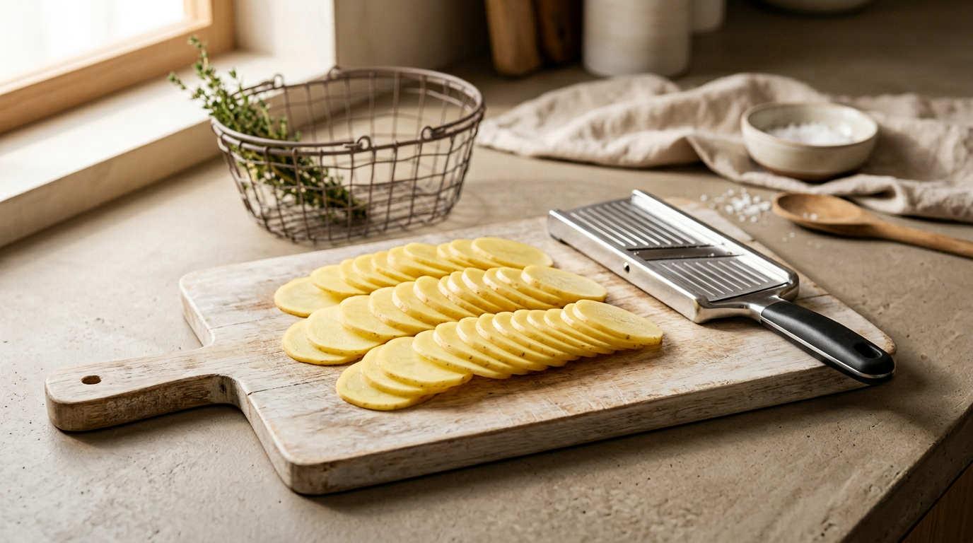Gleichmäßig gehobelte goldgelbe Kartoffelscheiben auf einem Holzbrett mit einer Gemüsehobel