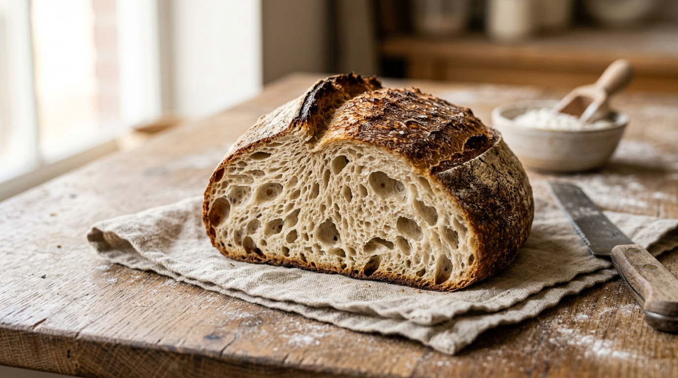 Aufgeschnittenes handwerkliches Sauerteigbrot mit saftiger Krume und wilder Porung in einer Münchner Backstube
