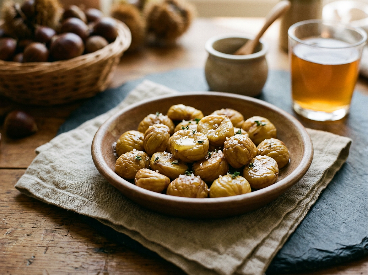 Warme geröstete Maroni verfeinert mit schmelzender Butter, Meersalz und frischen Kräutern
