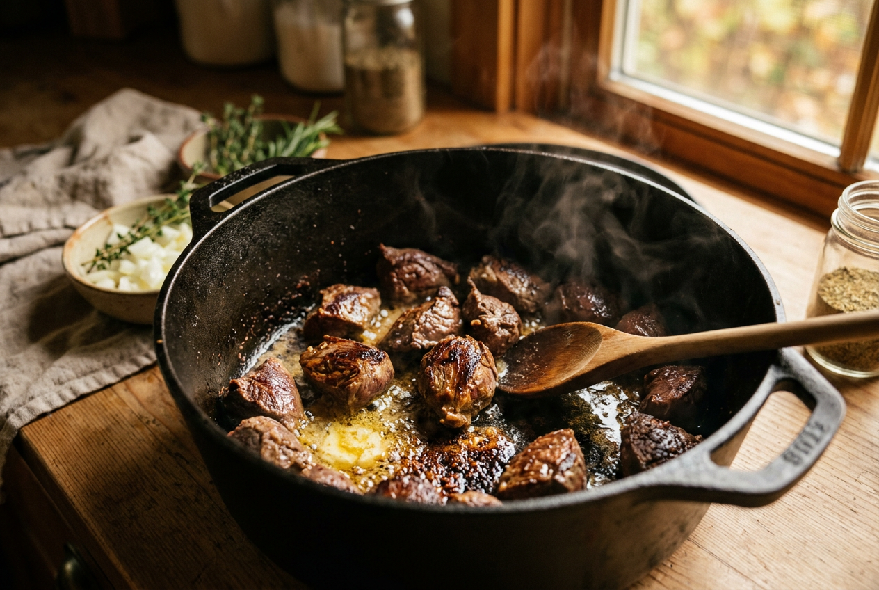 Scharfes Anbraten von Hirschfleisch in Butterschmalz im gusseisernen Schmortopf