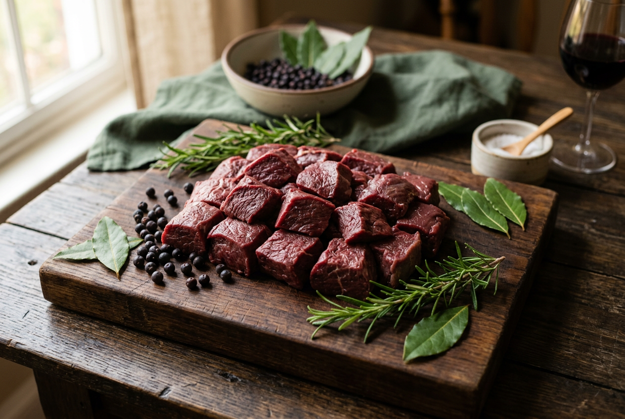 Frisches Hirschgulaschfleisch gewürfelt auf rustikalem Holzbrett mit Lorbeer und Wacholder