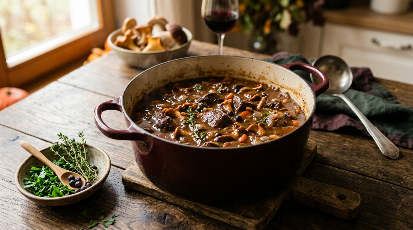 Schmorendes Hirschgulasch im schweren gusseisernen Bräter mit herbstlichen Kräutern