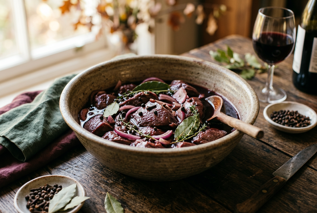 In Rotwein mit Gewürzen und Zwiebeln mariniertes Hirschfleisch in einer Steingutschale