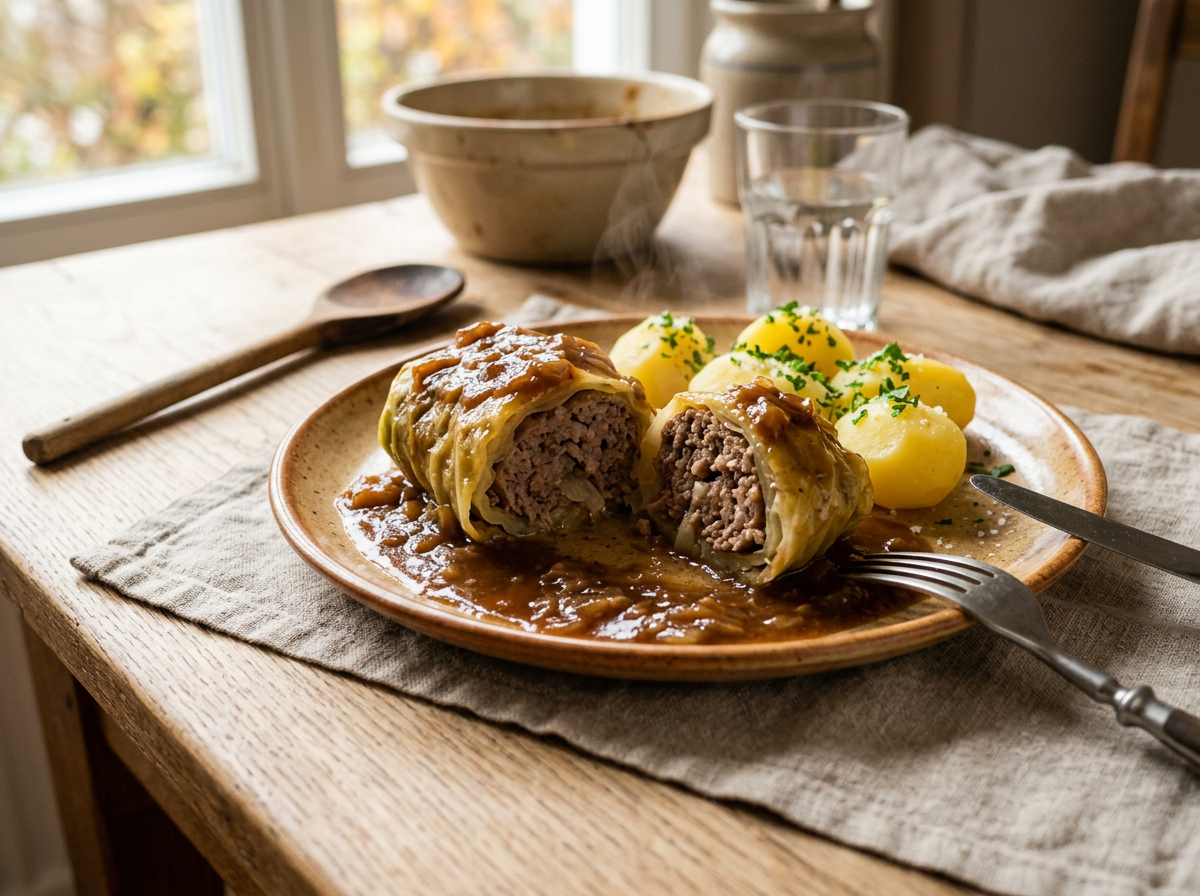 Angerichtete zarte Kohlroulade mit glänzender brauner Zwiebelsauce und Petersilienkartoffeln