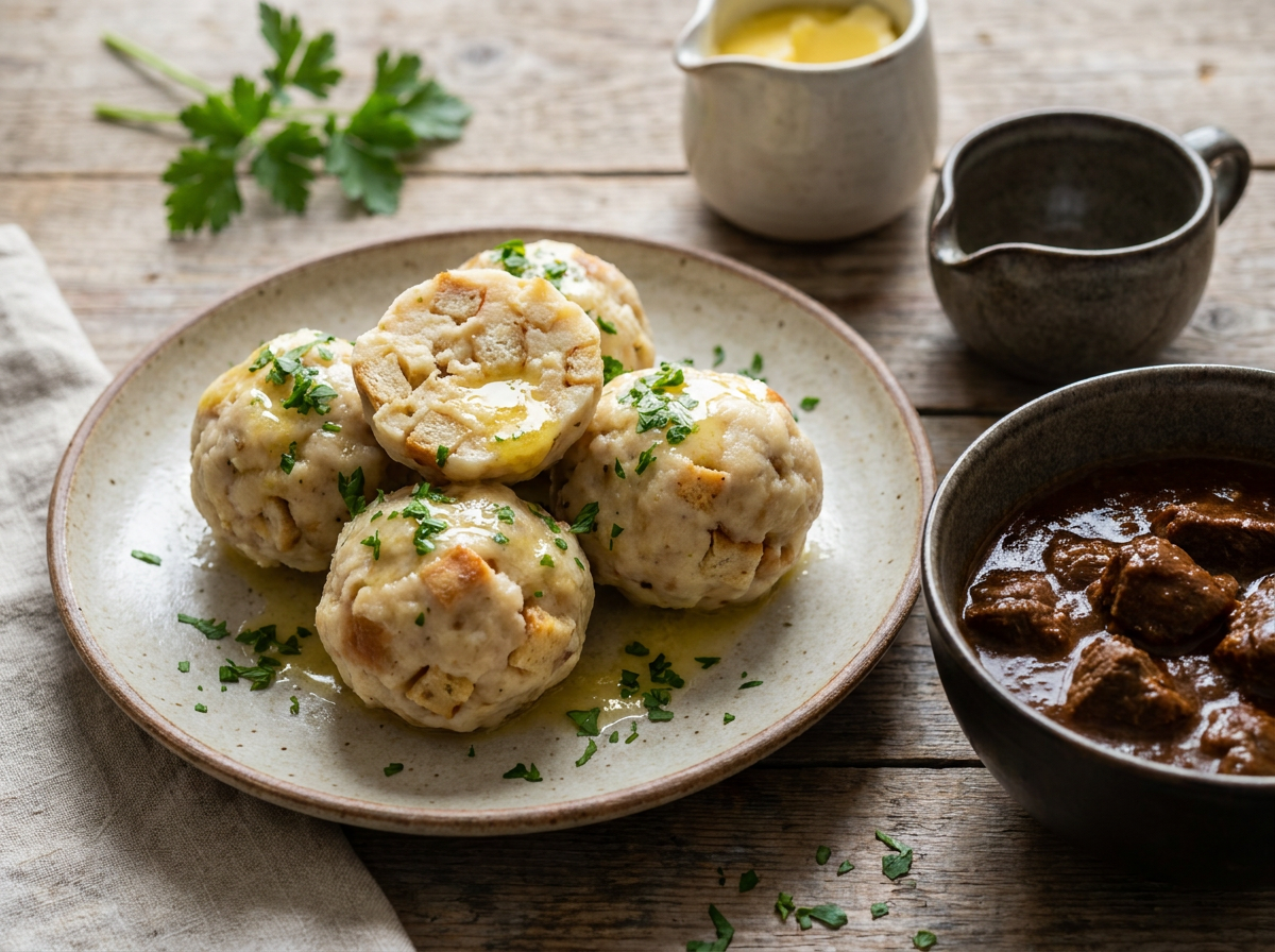 Aufgeschnittener lockerer Semmelknödel mit dunklem Rindergulasch und frischer Kräuterdeko