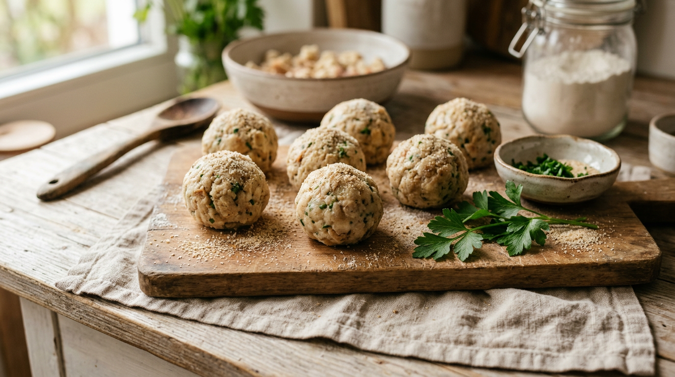 Runde Semmelknödel auf einem bemehlten Holzbrett mit frischer Petersilie vorbereitet für den Kochtopf