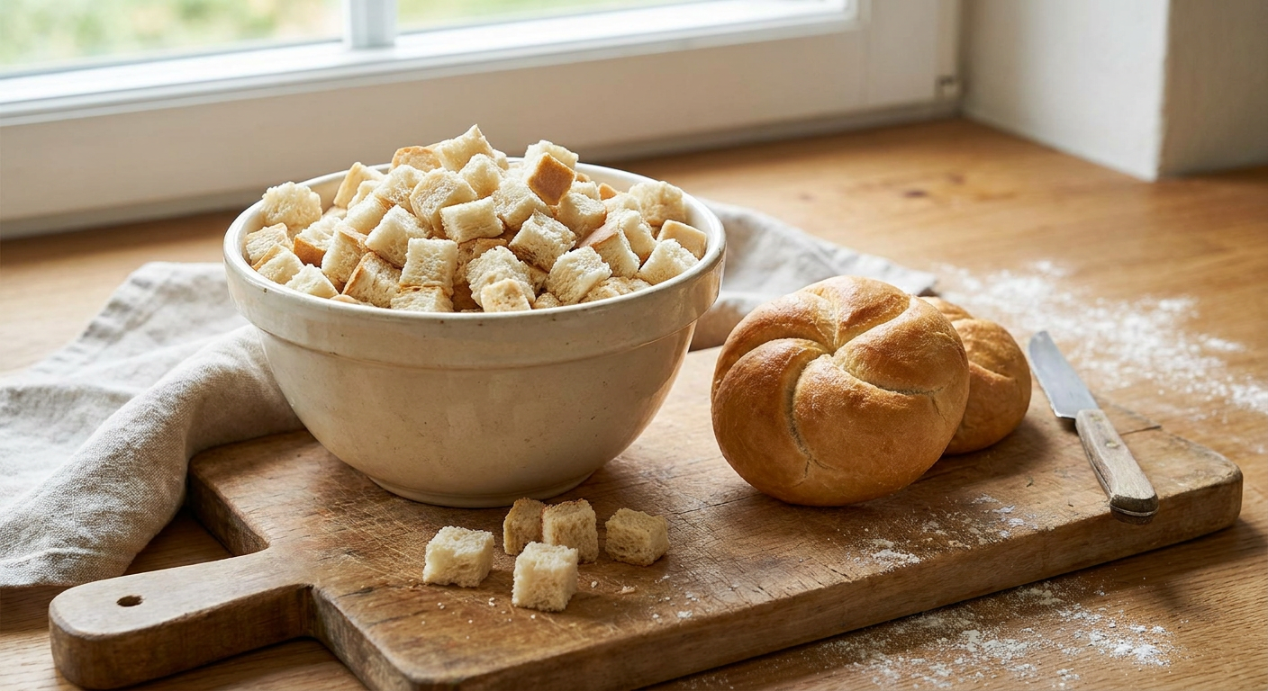 Gewürfeltes getrocknetes Knödelbrot und Kaisersemmeln in einer Holzschale auf rustikalem Küchentisch