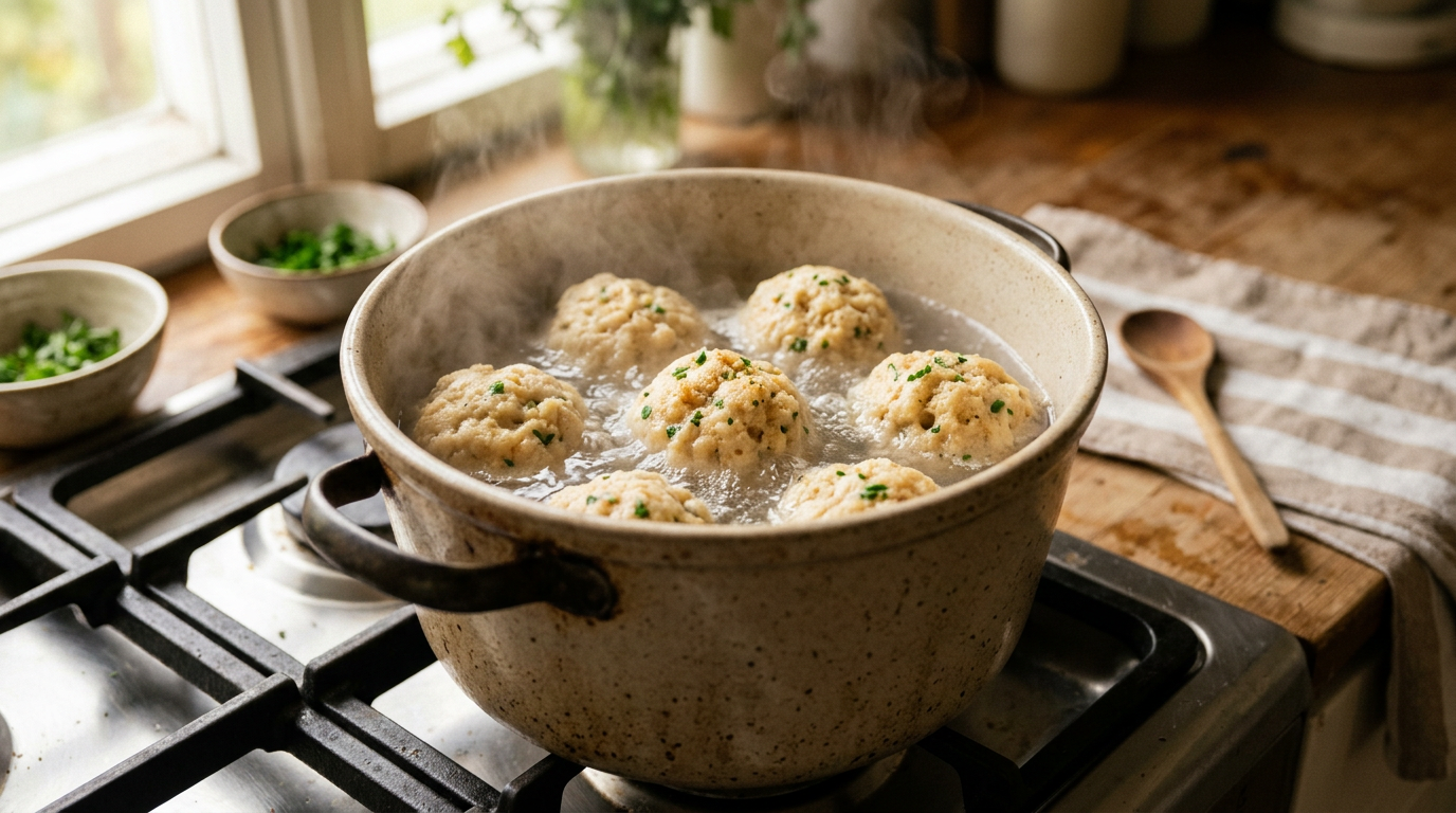Semmelknödel ziehen sanft in einem großen Topf mit leicht siedendem Salzwasser bei aufsteigendem Dampf