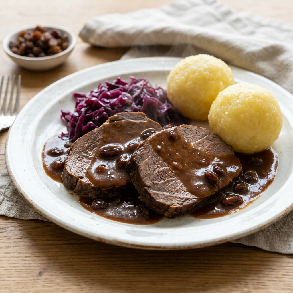 Klassischer Rheinischer Sauerbraten mit dunkler Rosinensauce, Klößen und Rotkohl