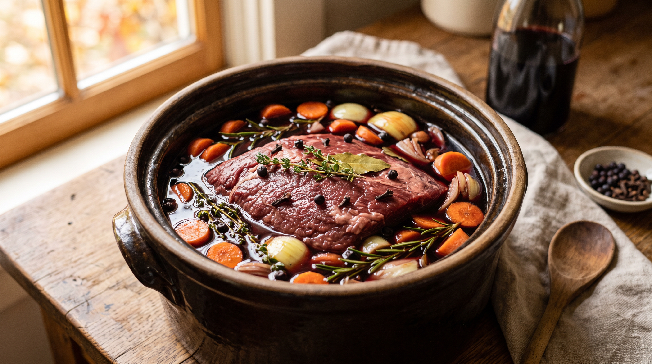Rinderbraten eingelegt in einer würzigen Marinade aus Rotwein, Essig und Wurzelgemüse