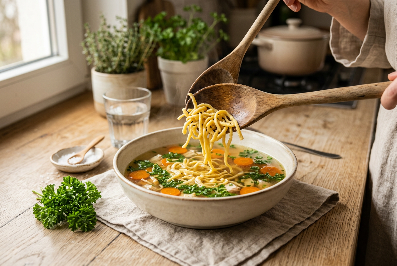 Frische Eiernudeln und zarte Hähnchenfleisch-Stücke werden in die goldene Suppe gegeben