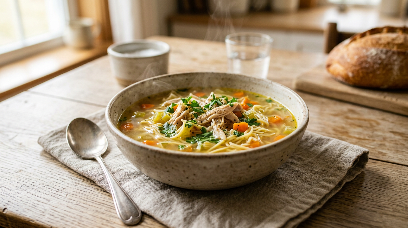 Dampfende Schale frisch gekochter Hühnersuppe mit Eiernudeln und Petersilie