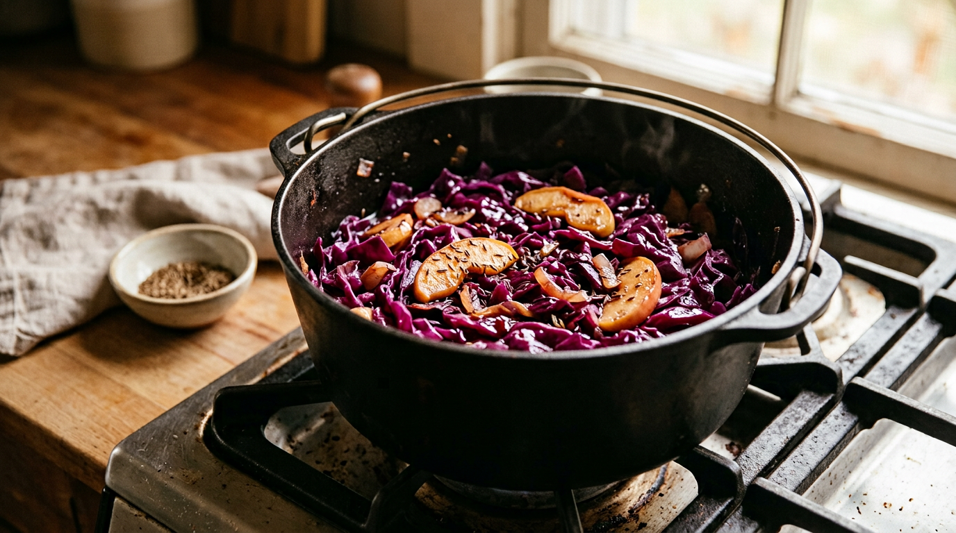Sanft schmorender Apfelrotkohl in einem dunklen Bräter mit feinen Apfelstücken