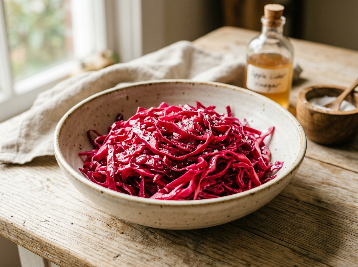 Fein gehobelter Rotkohl wird in einer Schüssel mit Apfelessig und Meersalz per Hand sanft durchgeknetet
