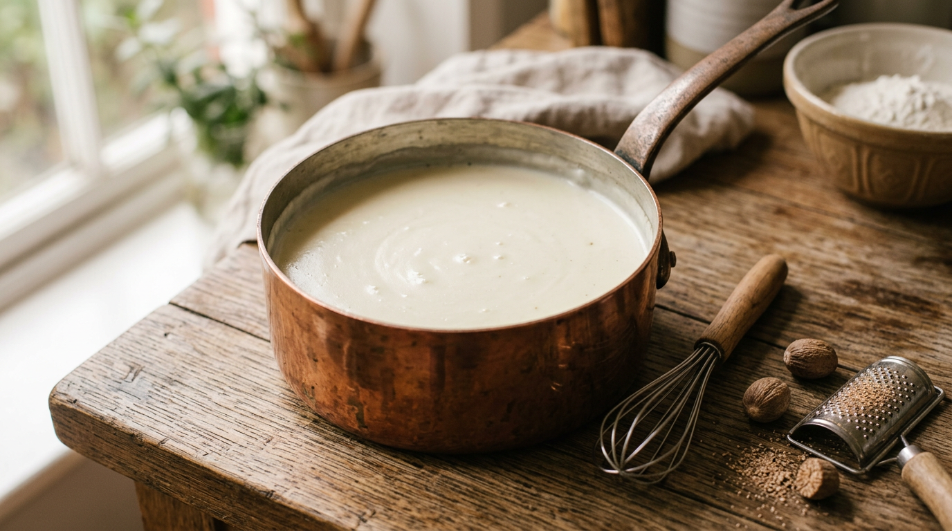 Seidige Bechamelsauce im Kupfertopf mit Schneebesen und Muskatnuss