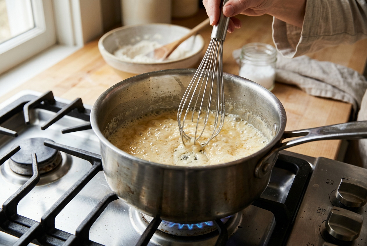 Aufschäumende Mehlschwitze aus geschmolzener Butter und Mehl im Edelstahltopf