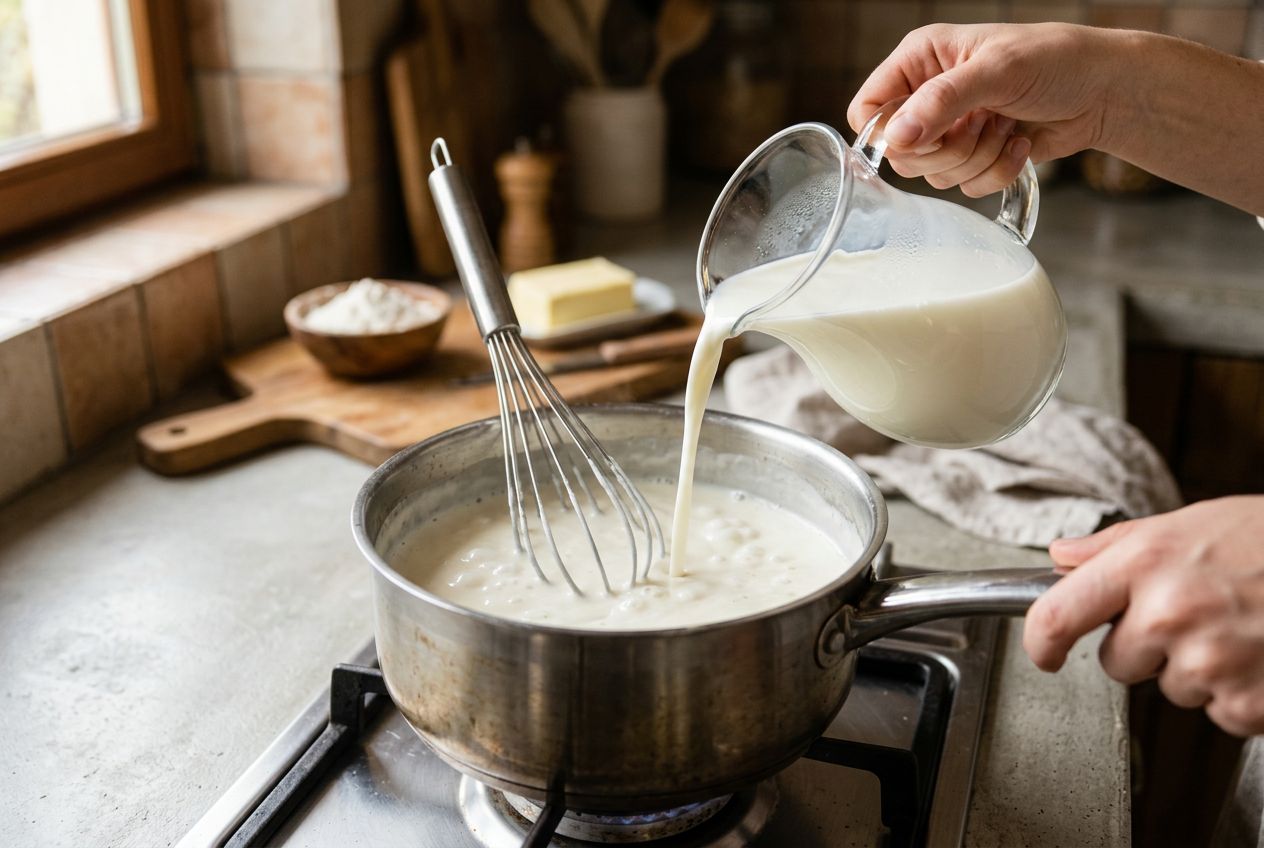 Eingießen frischer Vollmilch in die heisse Mehlschwitze unter kontinuierlichem Ruehren mit dem Schneebesen