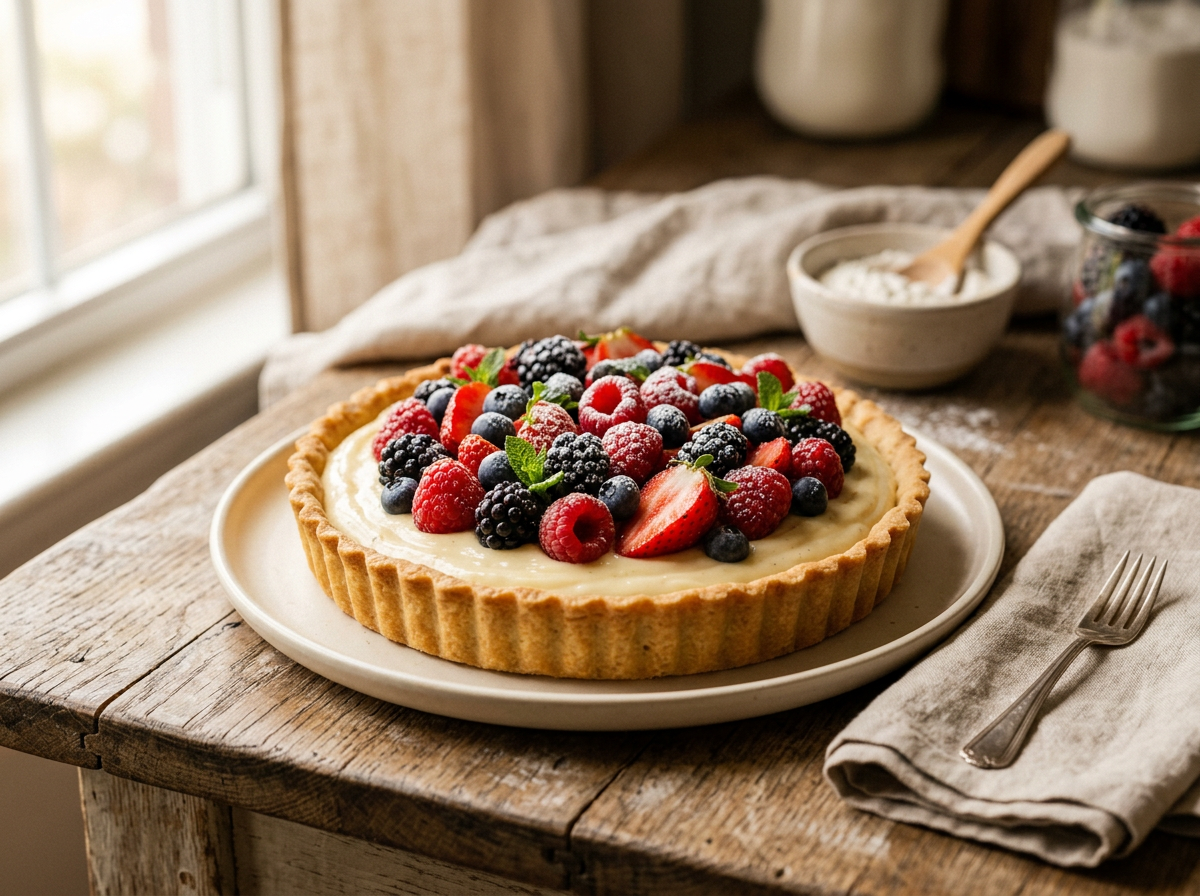 Französische Beeren-Tarte mit knusprigem Mürbeteigrand und Vanillecreme