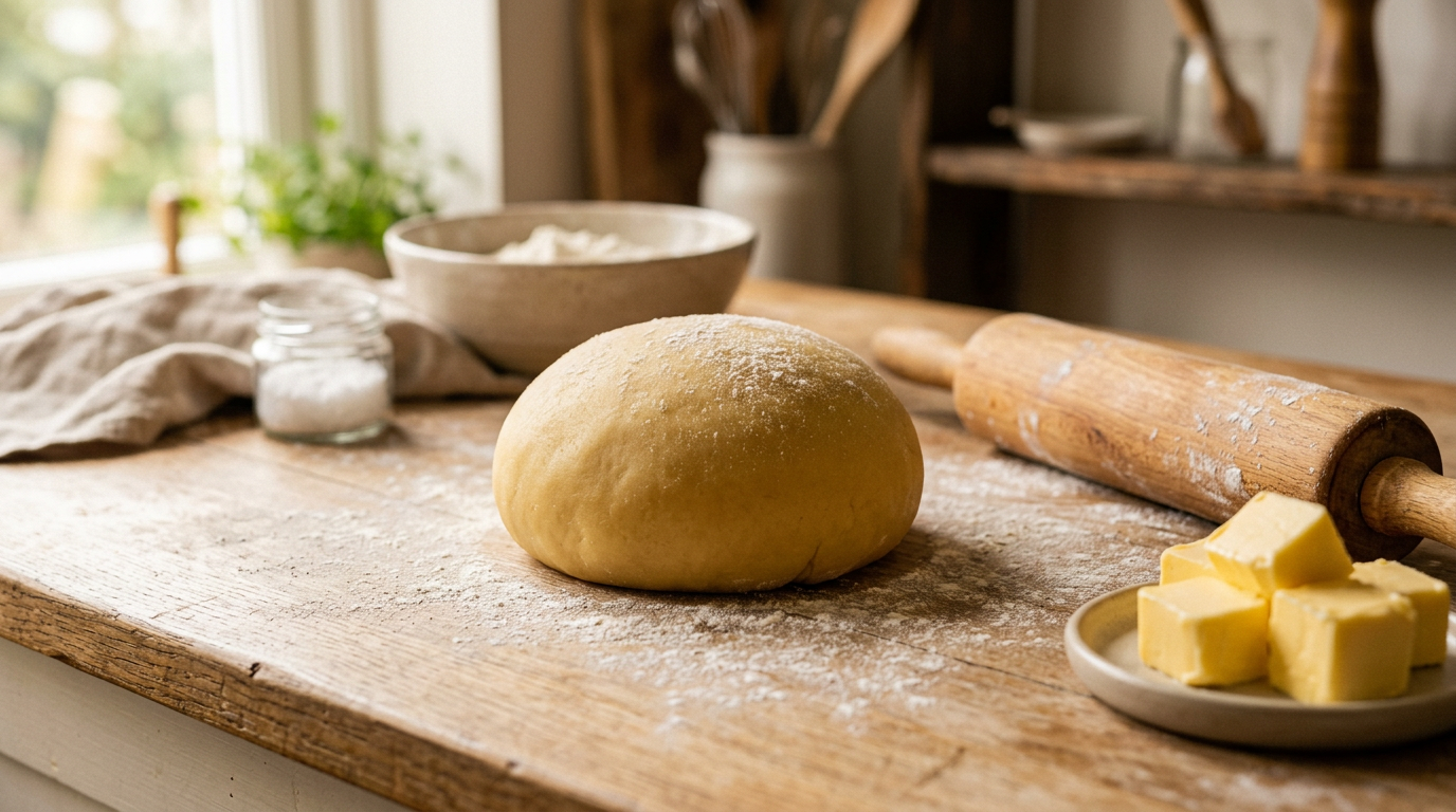 Frisch zubereiteter Mürbeteig mit Nudelholz und Butter auf Holztisch