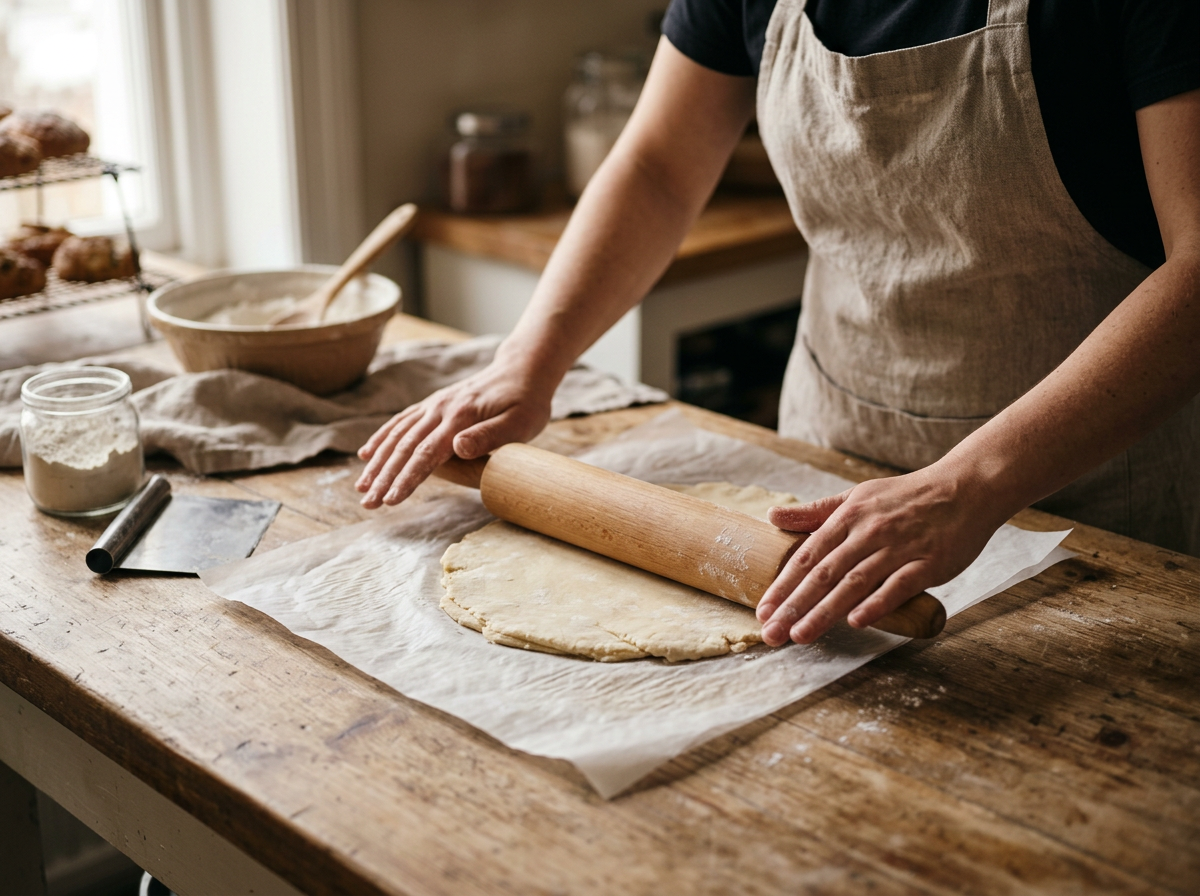 Ausrollen des Mürbeteigs zwischen zwei Bögen Backpapier