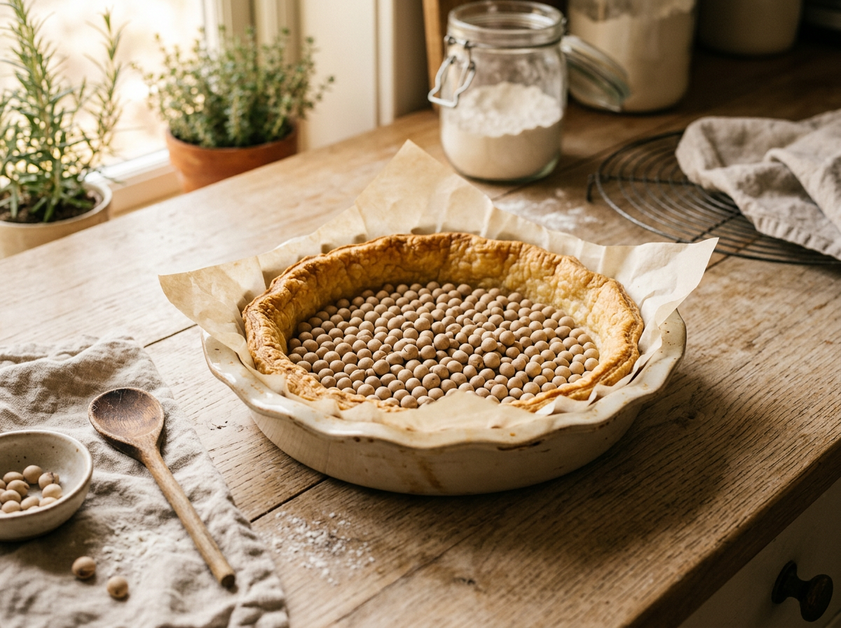 Blindgebackener Tarteboden mit Backpapier und Hülsenfrüchten in Backform