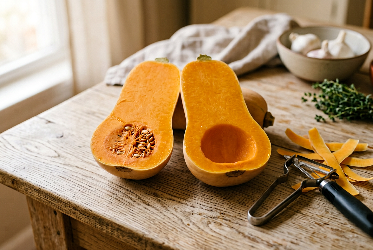 Halbierter Butternut-Kürbis mit zartem lachsfarbenem Fruchtfleisch und Sparschäler