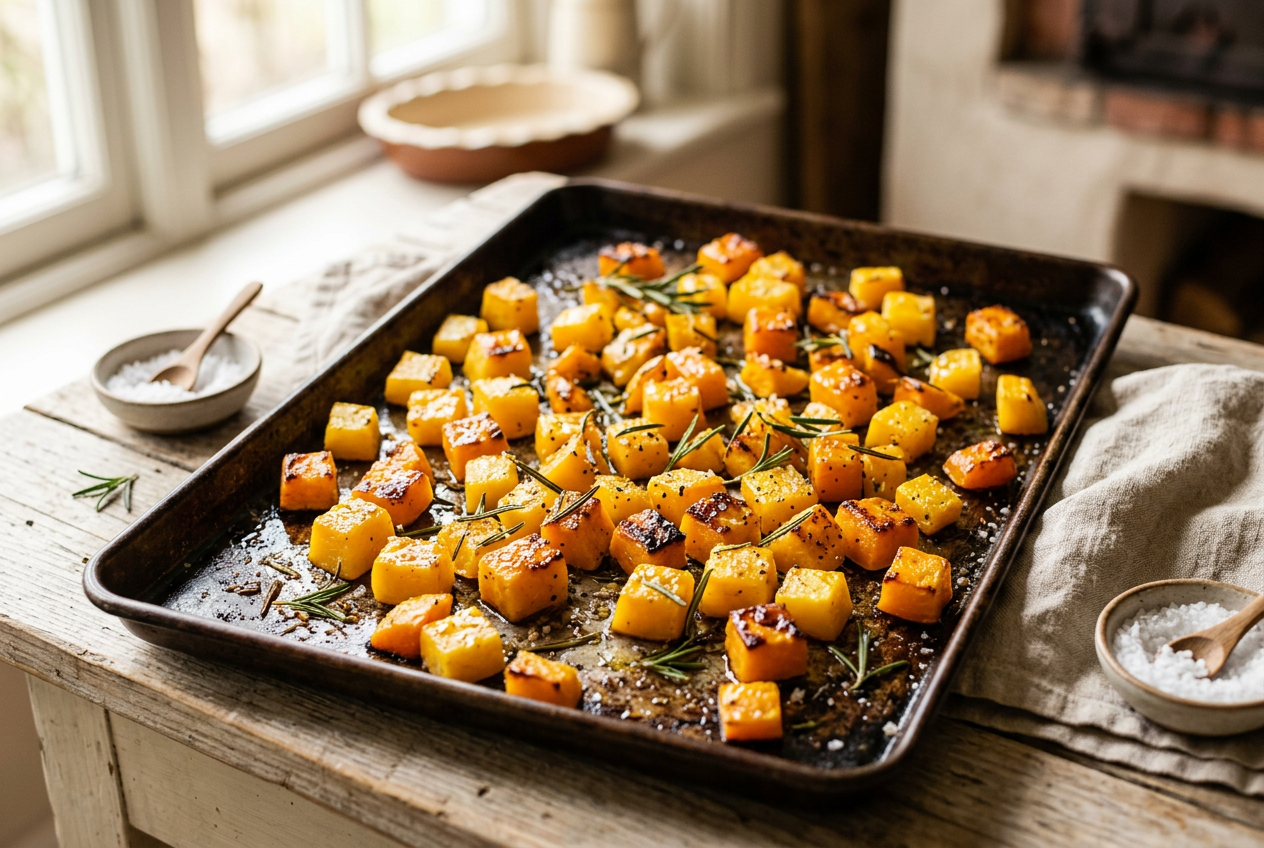 Knusprig geröstete goldene und orangefarbene Kürbiswürfel auf Backpapier