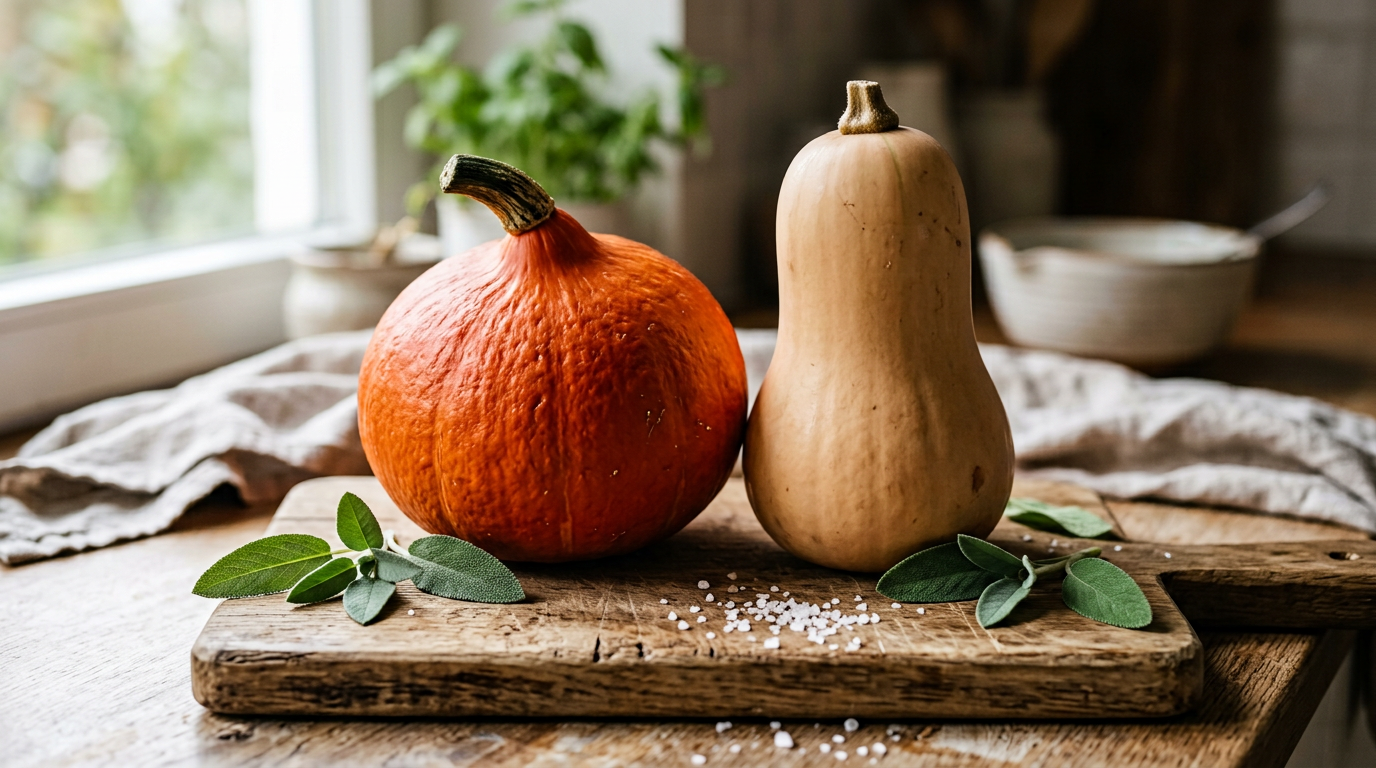 Hokkaido und Butternut Kürbisse nebeneinander auf rustikalem Holzbrett