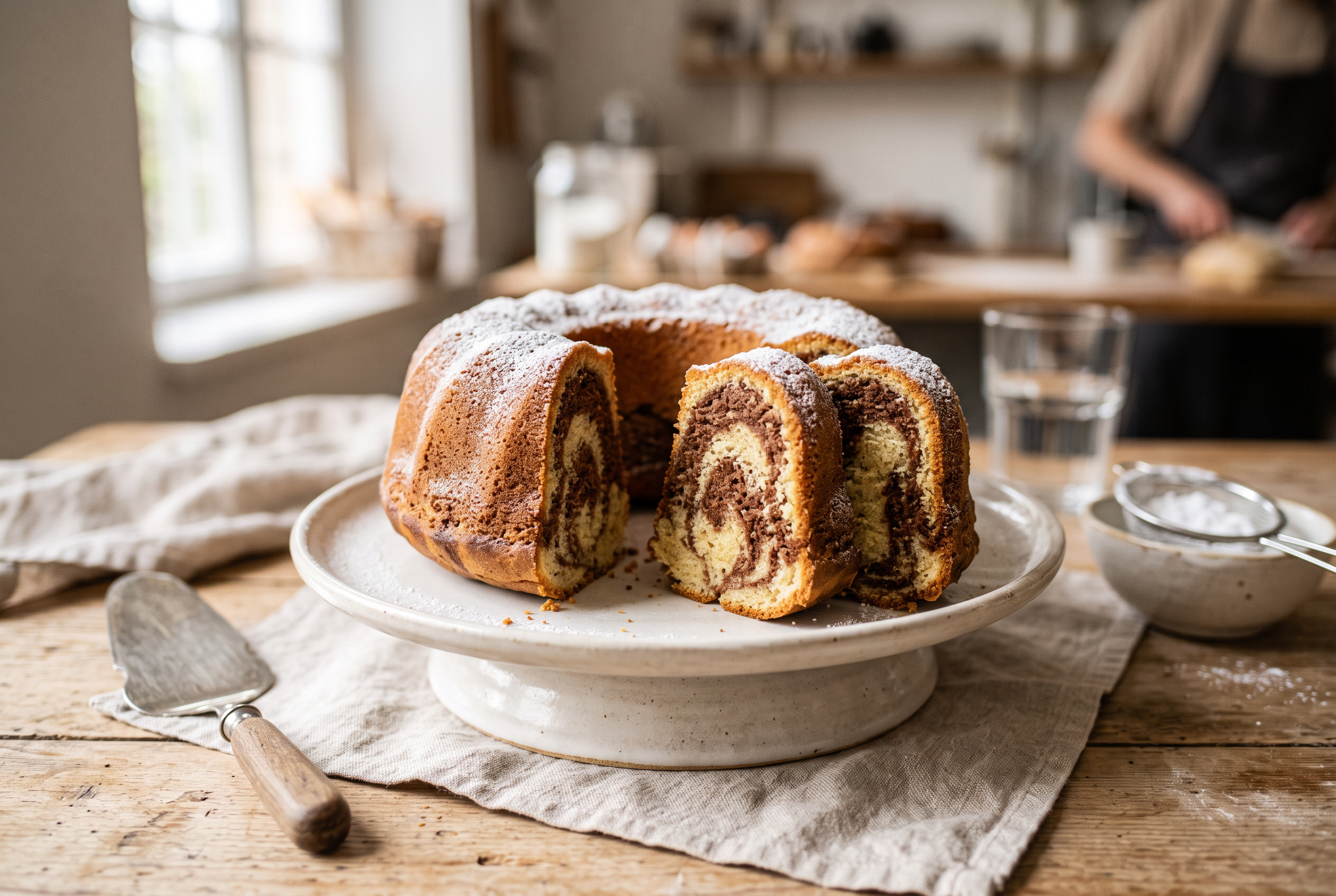 Saftiger Marmorkuchen mit feiner Krume auf einem Kuchenteller