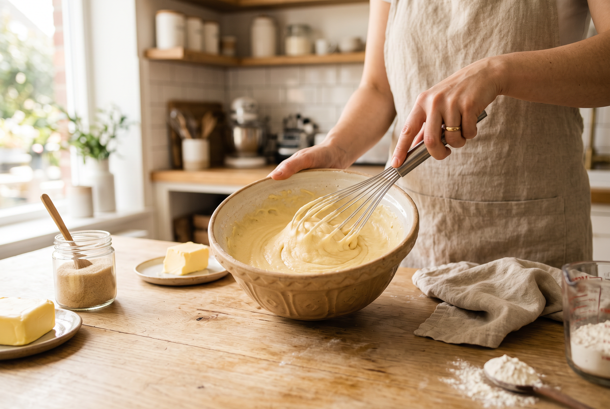 Butter und Zucker werden in einer Rührschüssel cremig geschlagen