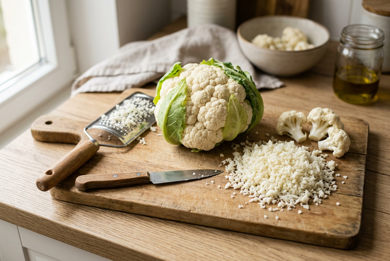 Frischer weißer Blumenkohl wird auf einem Holzbrett zu feinen Reiskörnern geraspelt