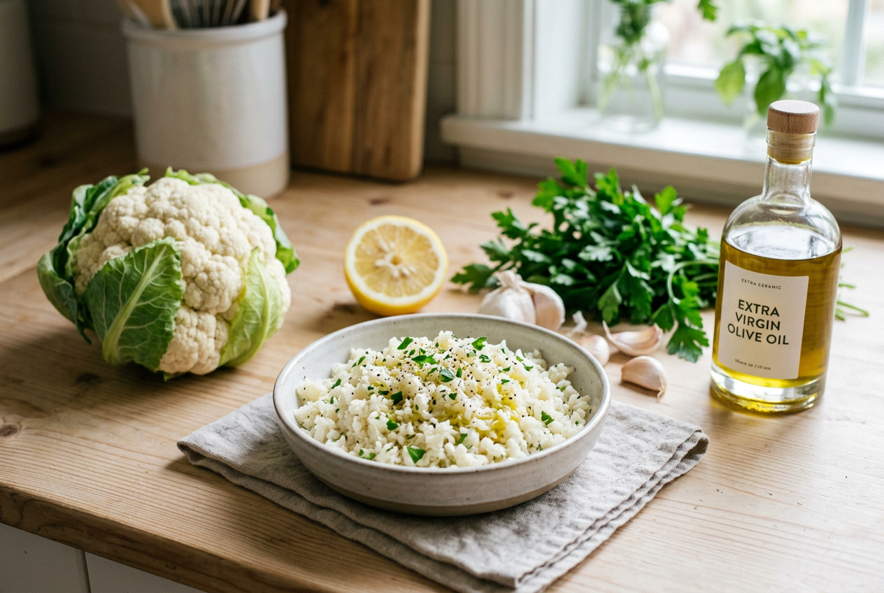 Frische Zutaten mit Blumenkohl, Zitrone, Knoblauch und feinem Öl für die Nährwertküche