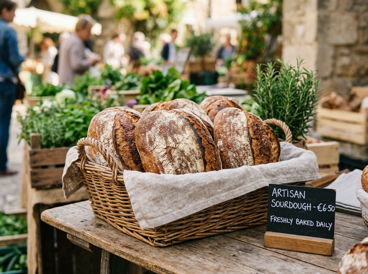 Rustikale Sauerteigbrote und Holzofenbrot in Bäckerkörben
