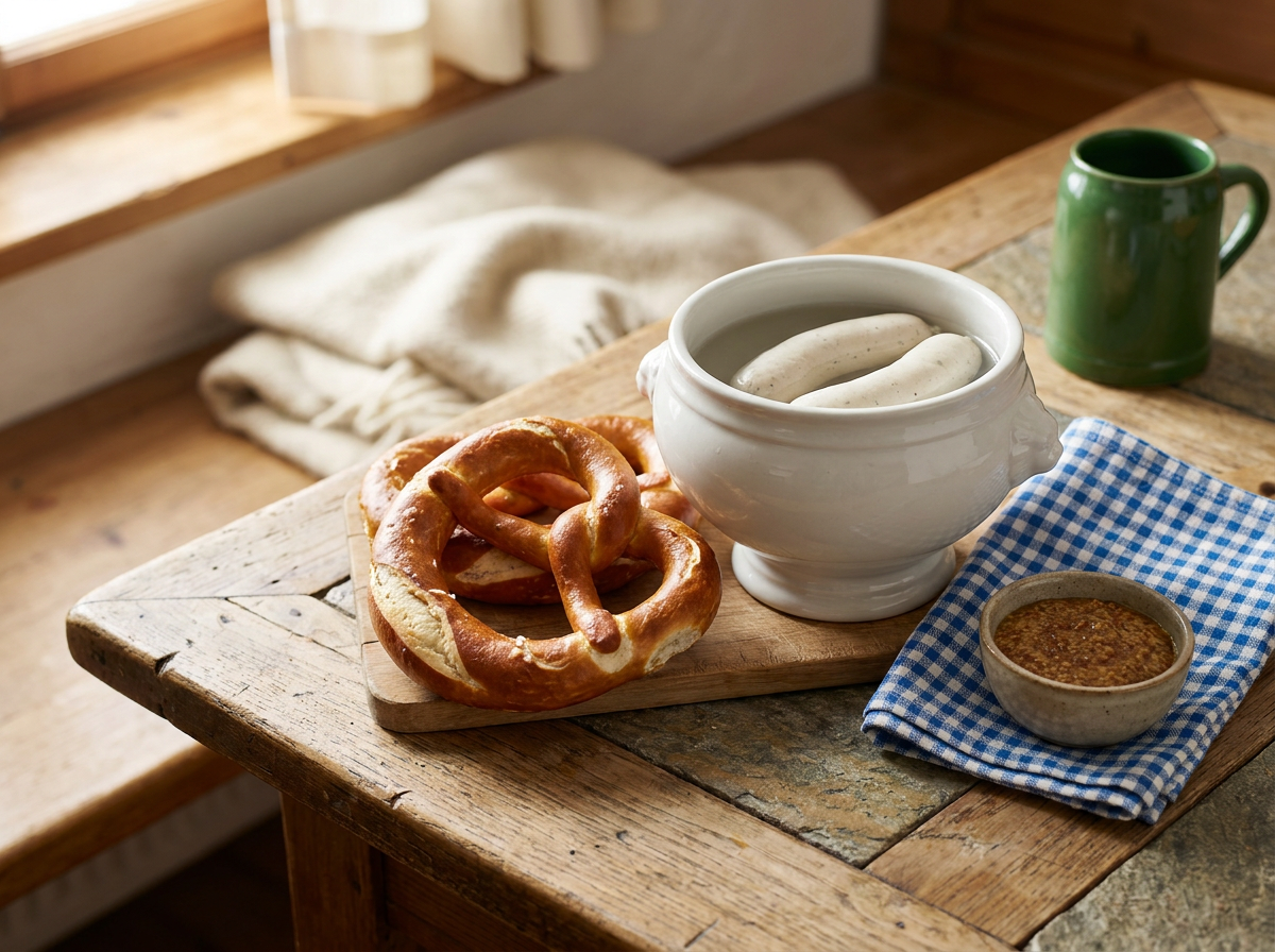 Münchner Weißwurstfrühstück mit Breze und süßem Senf
