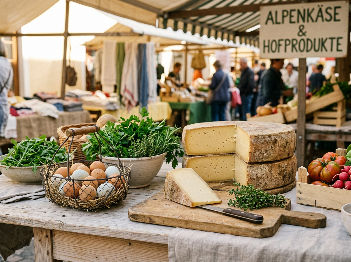 Handwerklicher hessischer Hofkäse und frische Küchenzutaten