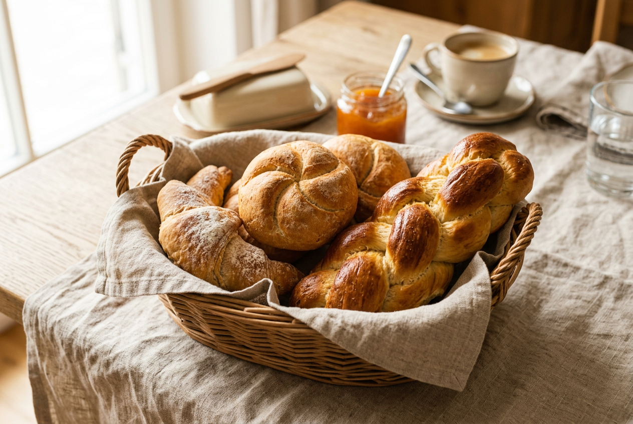 Handwerklich gebackenes Holzofenbrot und Brötchen in einem Korb